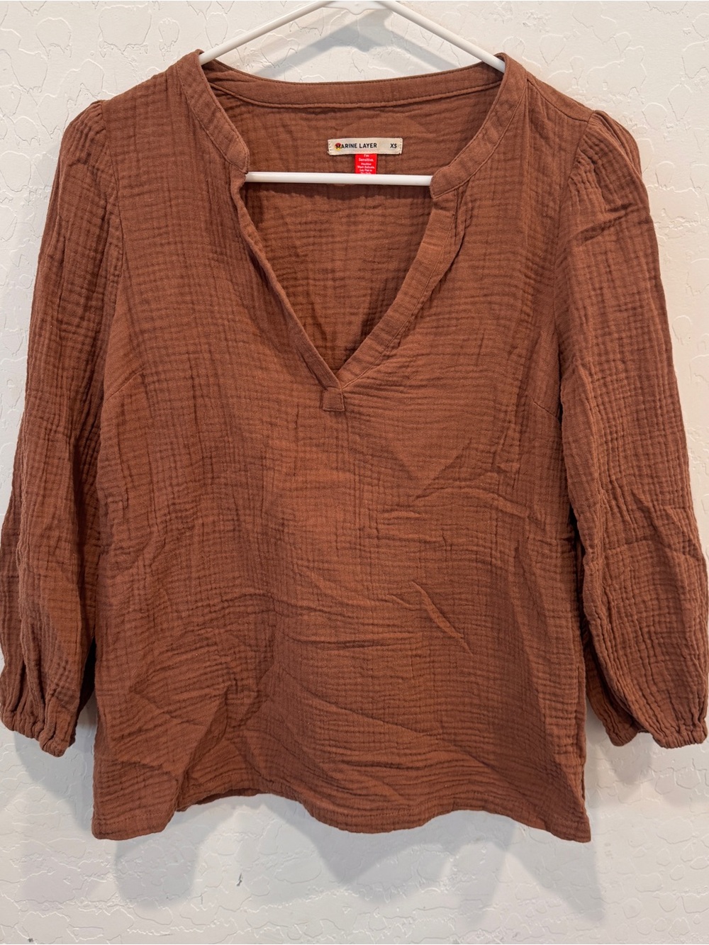 Marine Layer Brown Cotton Gauze V-Neck Blouse Womens XS Spring Summer Neutral